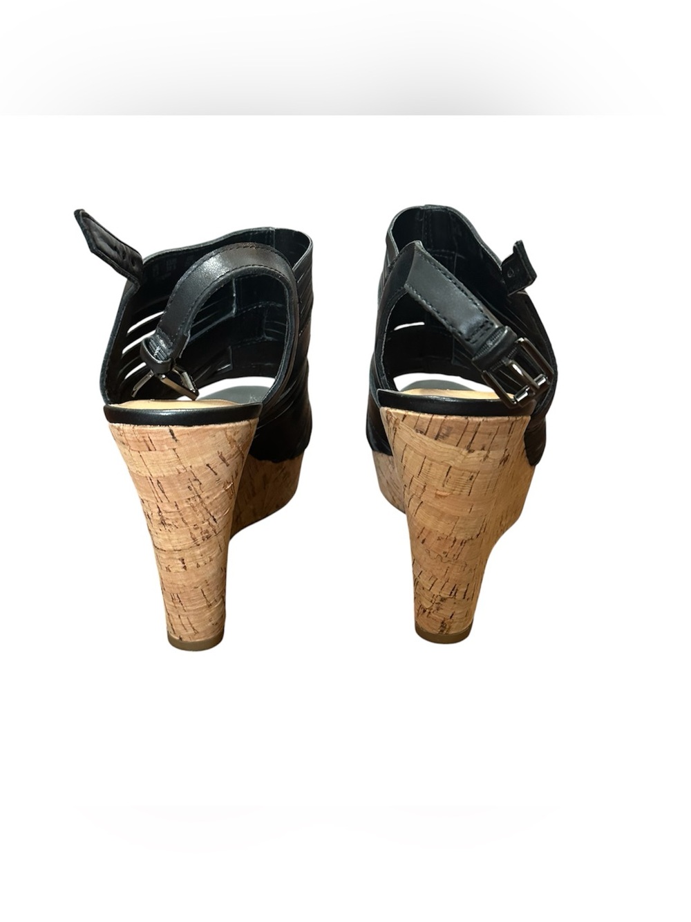 Black Leather Cork Wedge Sandals - Women - Picture 4 of 6